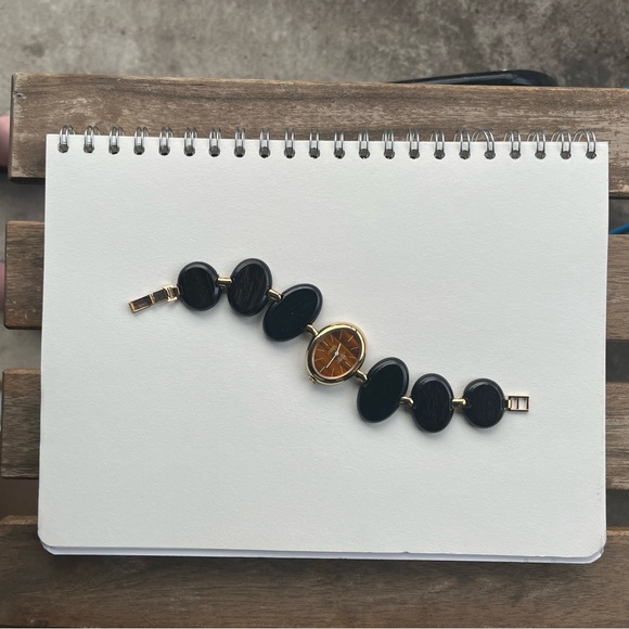 Vintage Renis Genève Wood Link Mechanical Ladies Watch With Faux Tiger Eye Dial - Picture 3 of 5